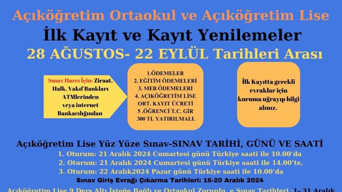 Açıköğretim Lisesi ve Açıköğretim Ortaokulu İlk Kayıt ve Kayıt Yenileme