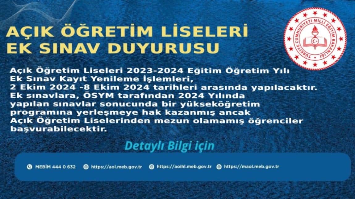 Açık Öğretim Liseleri Ek Sınav Duyurusu